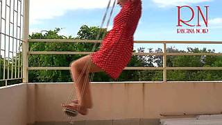 Beutiful lady swinging without panties on a swing outdoors. Slow motion 127 1