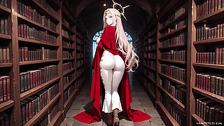 Languid Reading in a Gothic Library, White Robe and Red Cape, Hand Resting Gracefully with Half-closed Eyes.