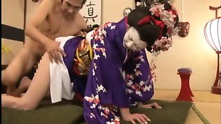 Beautiful Japanese geisha having sex with a horny old man