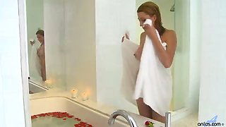 Sexy blonde mom seduces herself in a rose petal bath and