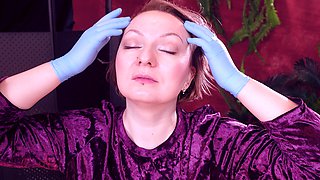 Face and Teeth Fetish Touch: Asmr Video in Blue Medical Mitrile Nurse Gloves. Arya Grander