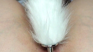 Horny Brunette Bunny Plays with Pussy & Anal Tail