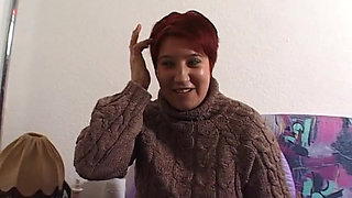 Chubby redhead slut toys her hairy cunt at the casting