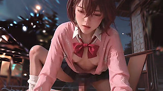 Nighttime Seduction - Red Bow Unfastened, Blue Skirt Lifted, Secret Nipples Exposed Under Soft Light