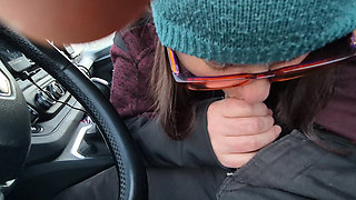 Car Blowjob in glasses interrupted