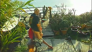 Tattooed black pussy licking fucking in the garden...cum on tits