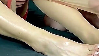 College Girl in Red Seamed Stockings Gives Stockings Handjob & Footjob. Cum on Feet in Stockings
