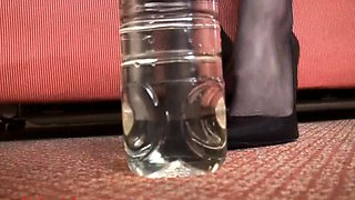 Femdom fetish blonde makes cuckold lick cumshot