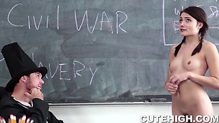 Watch Tiny Brunette get down and dirty with history teacher in hardcore roleplay