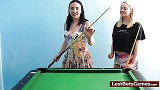 Big tits lesbian couple friendly strip pool game