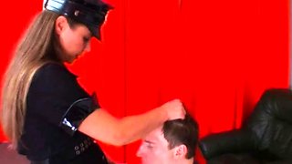 Femdom fucks gimp ass with toy as he wanks cock to cum