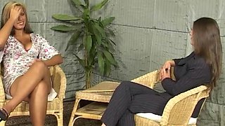 Busty hottie wants to moan while a mistress hits her butt